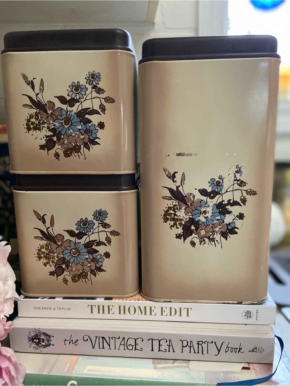 VTG Rustic Canada Made EKCO Decorative Floral Storage Tins Farmhouse Cottagecore